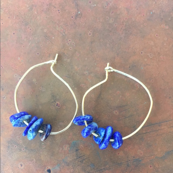 Vintage Earrings - gold hoops w lapis beads - Picture 2 of 5